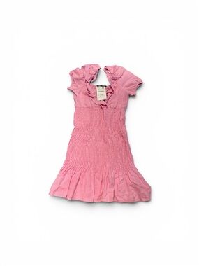 Zara pink linen-blend mini dress with a smocked bodice and ruffled neckline